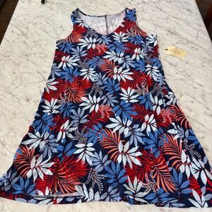 St Johns Bay Womens Tropical Leaf Print Knit Dress Navy Red Medium NWT 845-0832